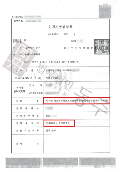 미성년자 성착취물 혐의 경찰 불송치 통지서